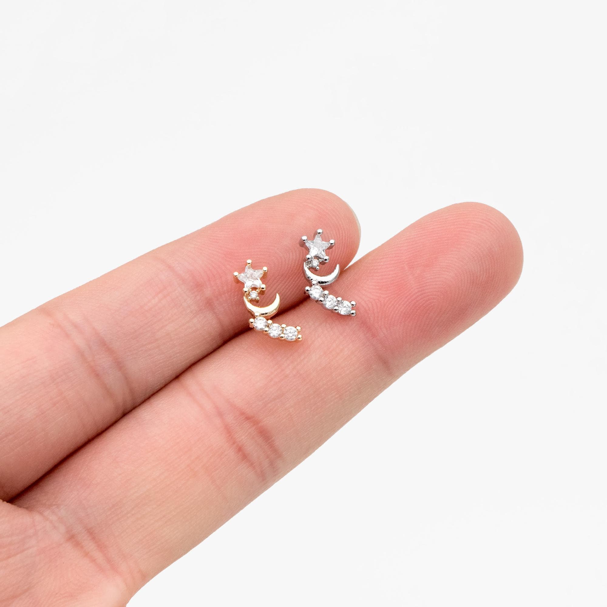 10pcs CZ Pave Gold/ Silver Tone Moon and Star Earrings, Gold/ Rhodium Plated Brass, Dainty Stud Earrings (GB-4628)